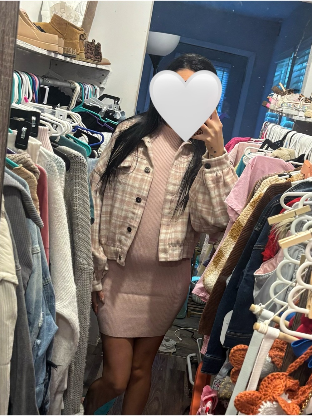 Women's Pink Plaid Cropped Jacket & Ribbed Knit Sweater dress Set